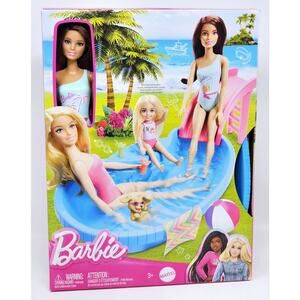 Barbie Doll & Pool Playset Brunette in Seafoam Blue One-Piece Swimsuit with Pool